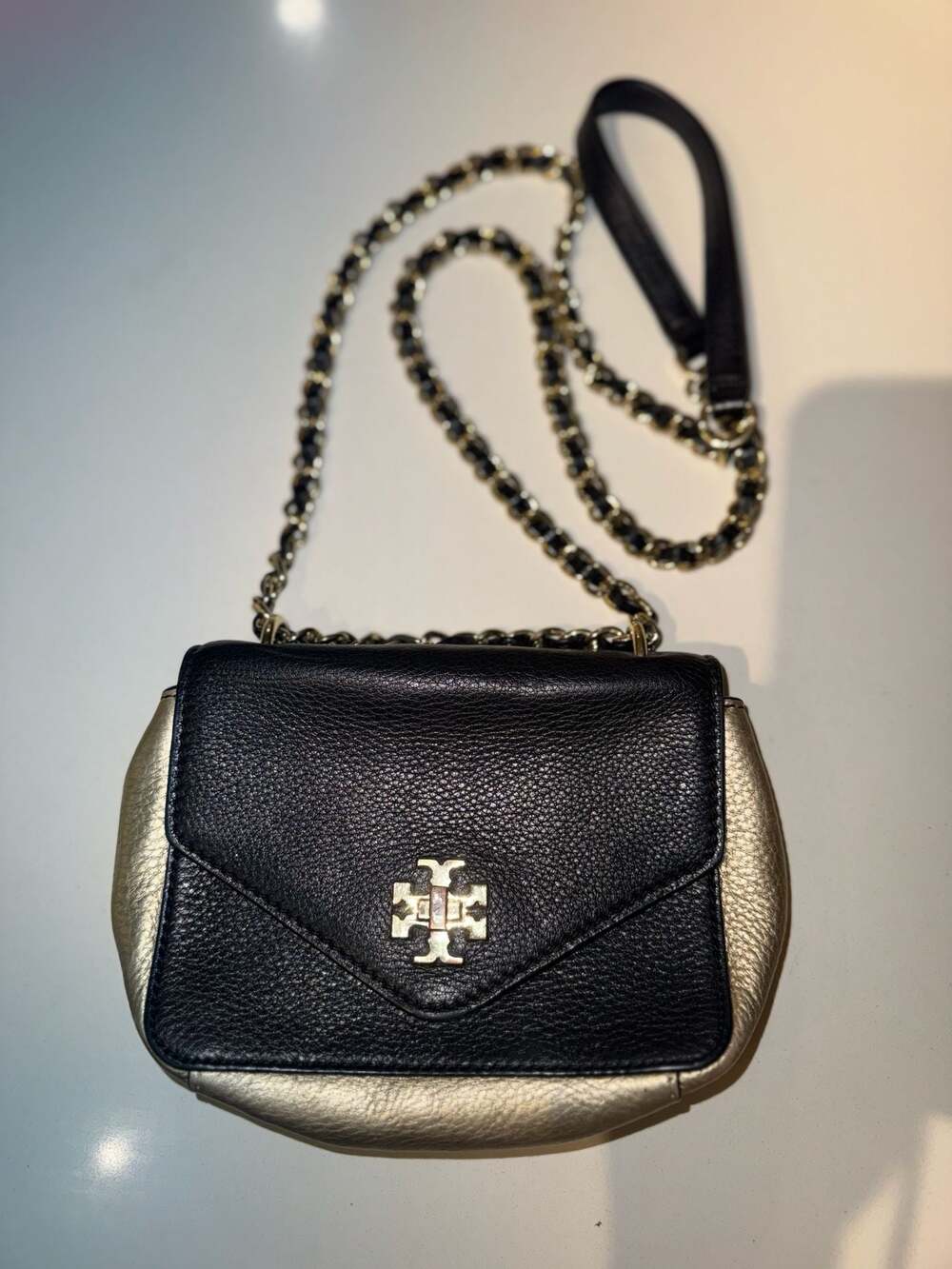 Tory Burch Marion Small Flap Crossbody Bag Black and Gold Metallic Leather